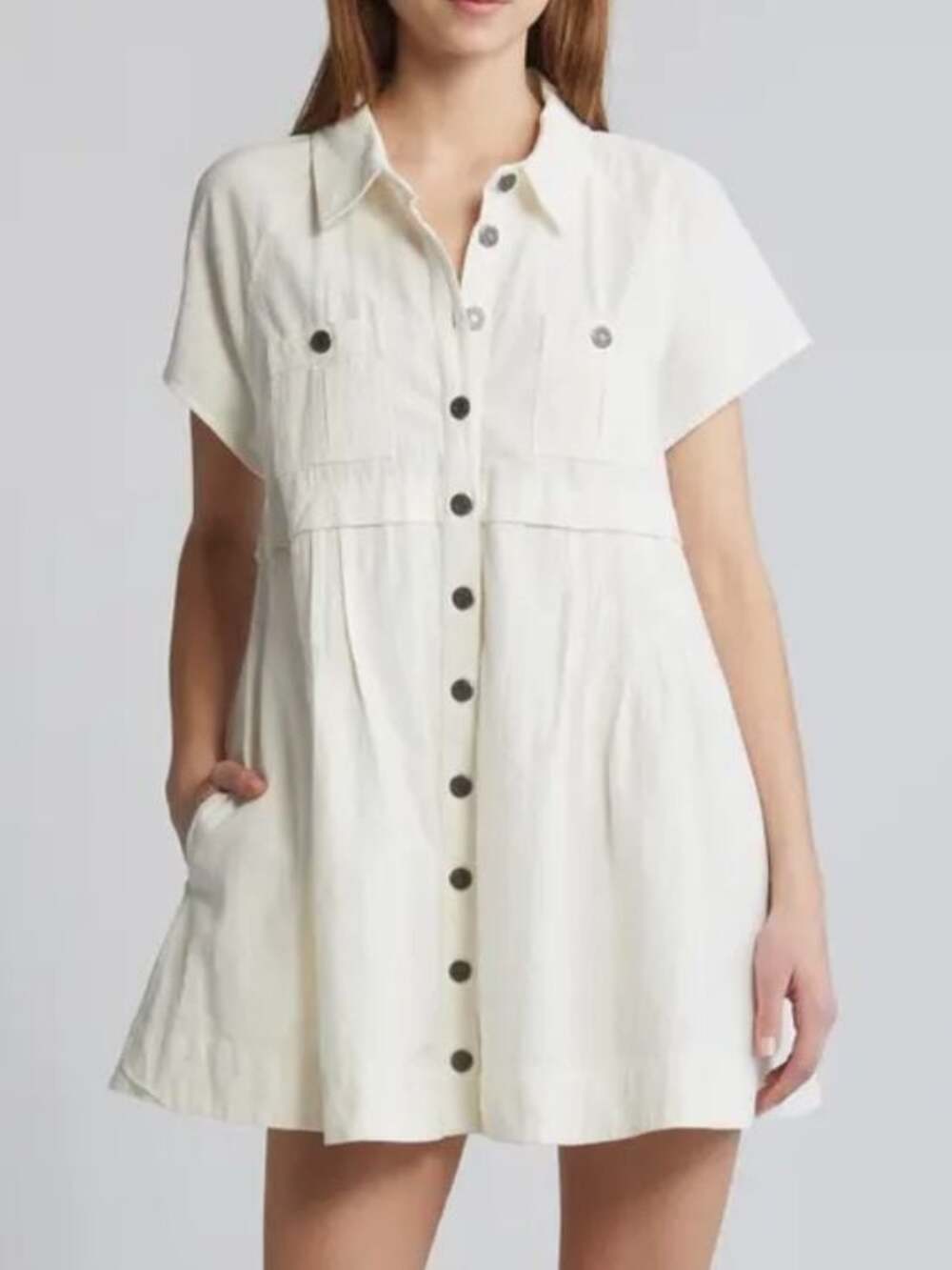 Free People White Babydoll Dress Button Front Pockets Small